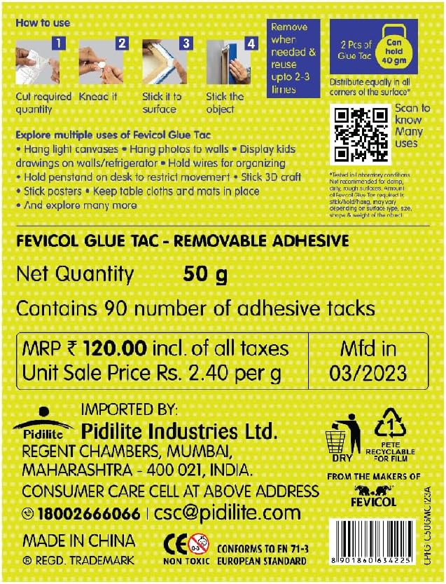 Fevicol Glue Tac 90pcs, 50g - Reusable, Removable, Mouldable Glue | For Decorating, Crafting, Organising | Art & Craft |Easy to Tear | Ideal for Kids, Hobbyists, School