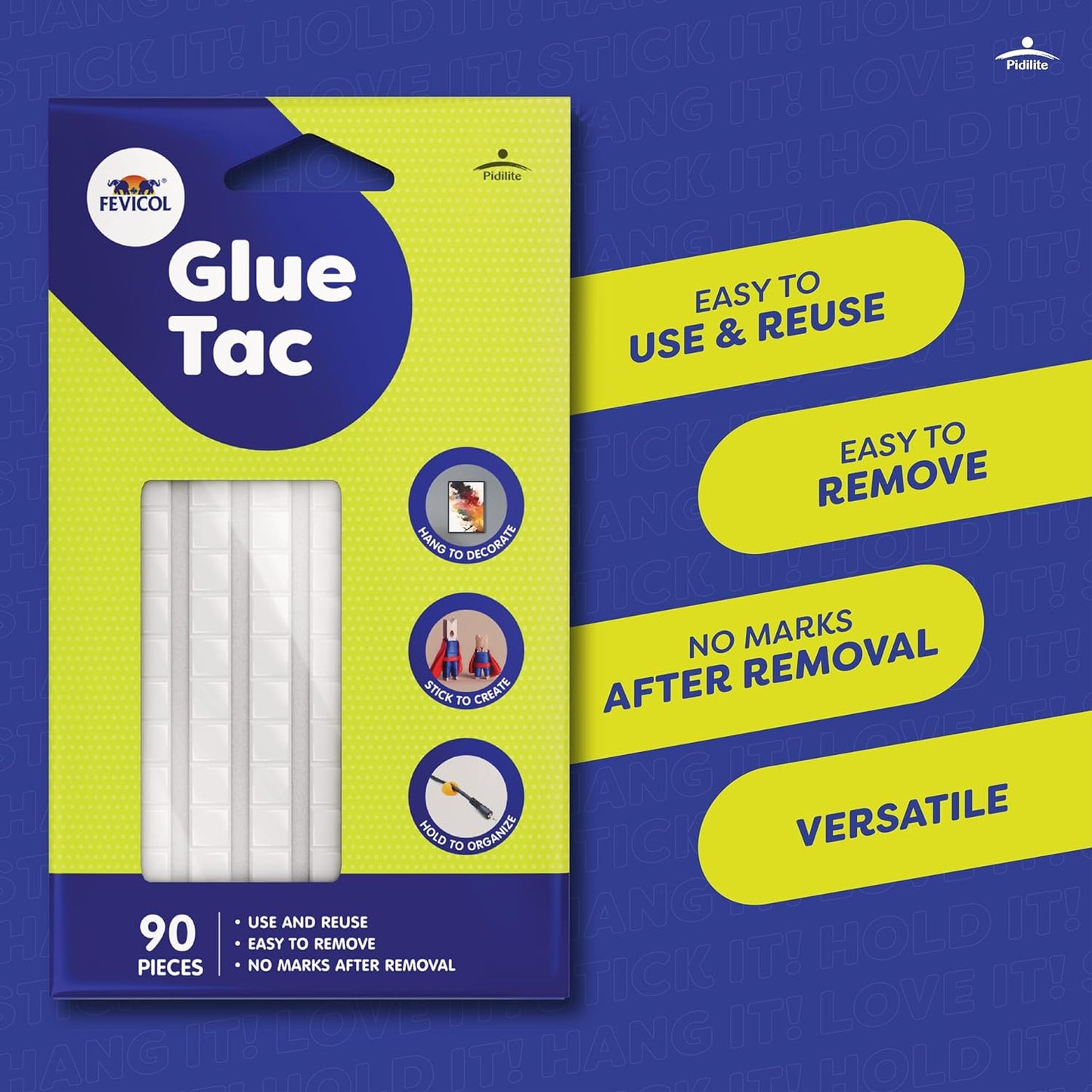 Fevicol Glue Tac 90pcs, 50g - Reusable, Removable, Mouldable Glue | For Decorating, Crafting, Organising | Art & Craft |Easy to Tear | Ideal for Kids, Hobbyists, School