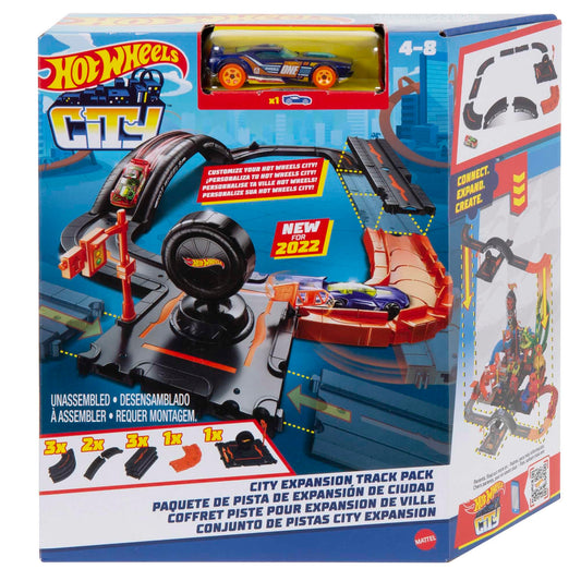 Hot Wheels City Expansion Track Pack, 10 Piece Set Includes Track Base & Various Track Pieces to Build a Cityscape, with 1 Hot Wheels Car, Connects to Other Sets, For Kids 4 Years & Up