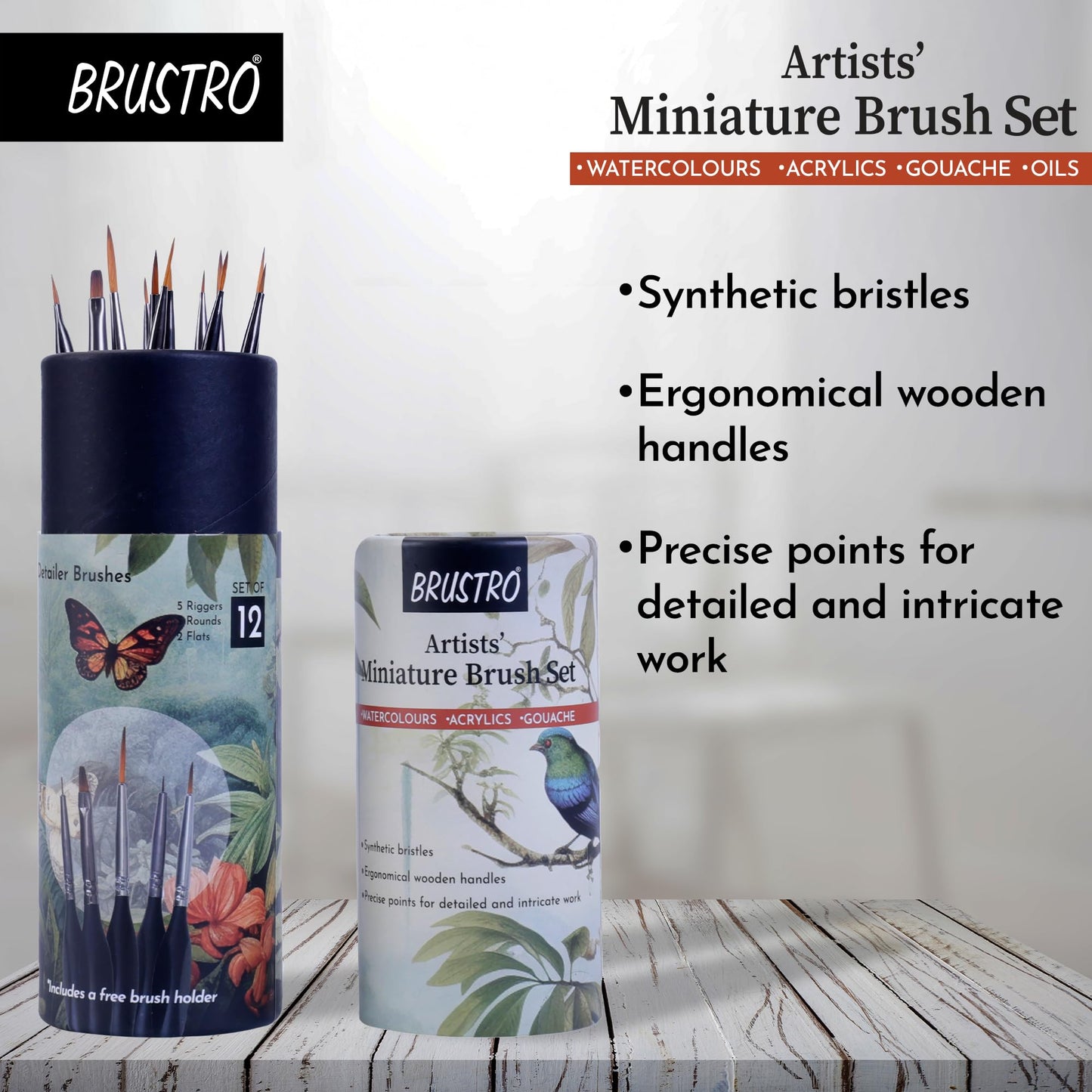 Brustro Artists ’ Watercolour & Acrylic Miniature Brush Set of - 12