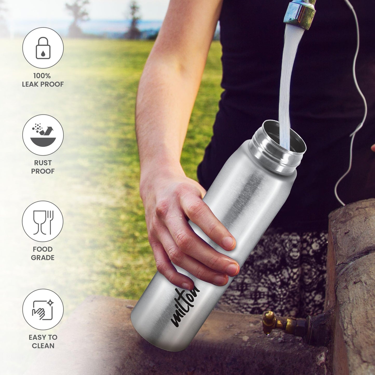 Milton Handy 850 Stainless Steel Water Bottle, 780 ml, Silver | Single walled | Leak Proof | Easy Grip | Easy to Carry | Gym Bottle | Home | Kitchen | Hiking | Treking Bottle | Travel Bottle