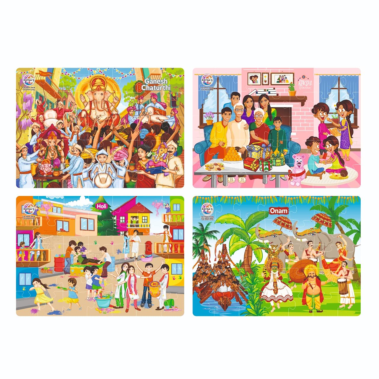 Ratna's 4 in 1 Indian Festivals Jigsaw Puzzle for Kids. 4 Jigsaw Puzzles with 35 Pieces Each (Ganesh CHATURTHI, RAKSHA BANDHAN, Holi & ONAM)