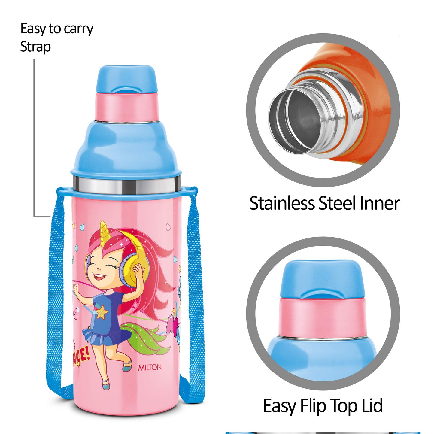 Milton Kool Stunner 400 Kids Plastic Insulated Water Bottle with Straw, 404 ml, Sipper Bottle, Leak Proof, BPA Free, Food Grade, School & Picnic Bottle, Pink