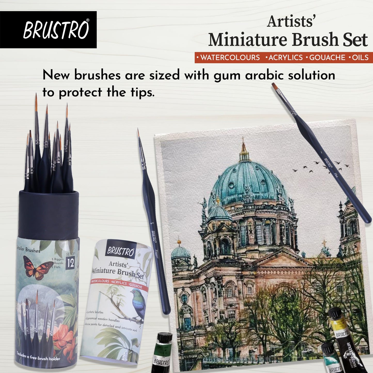 Brustro Artists ’ Watercolour & Acrylic Miniature Brush Set of - 12