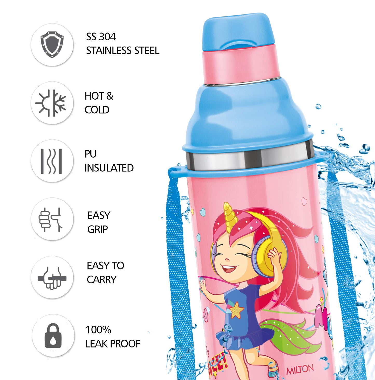 Milton Kool Stunner 400 Kids Plastic Insulated Water Bottle with Straw, 404 ml, Sipper Bottle, Leak Proof, BPA Free, Food Grade, School & Picnic Bottle, Pink