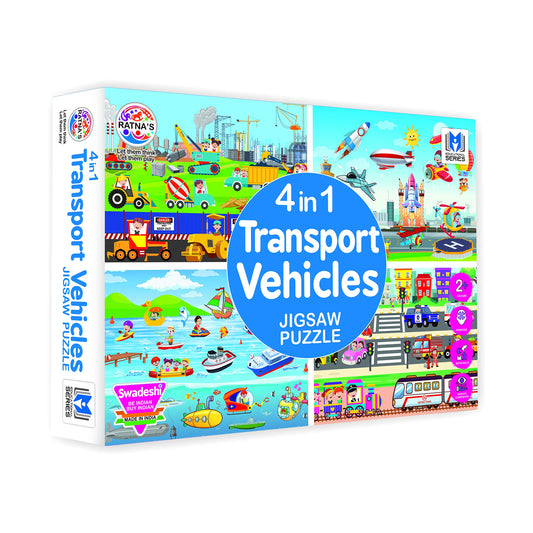 Ratna's 4 in 1 Transport Vehicles Jigsaw Puzzle for Kids. 4 Puzzles 35 Pieces Each (Road Transport, Water Transport, Air Transport & Construction Vehicles)