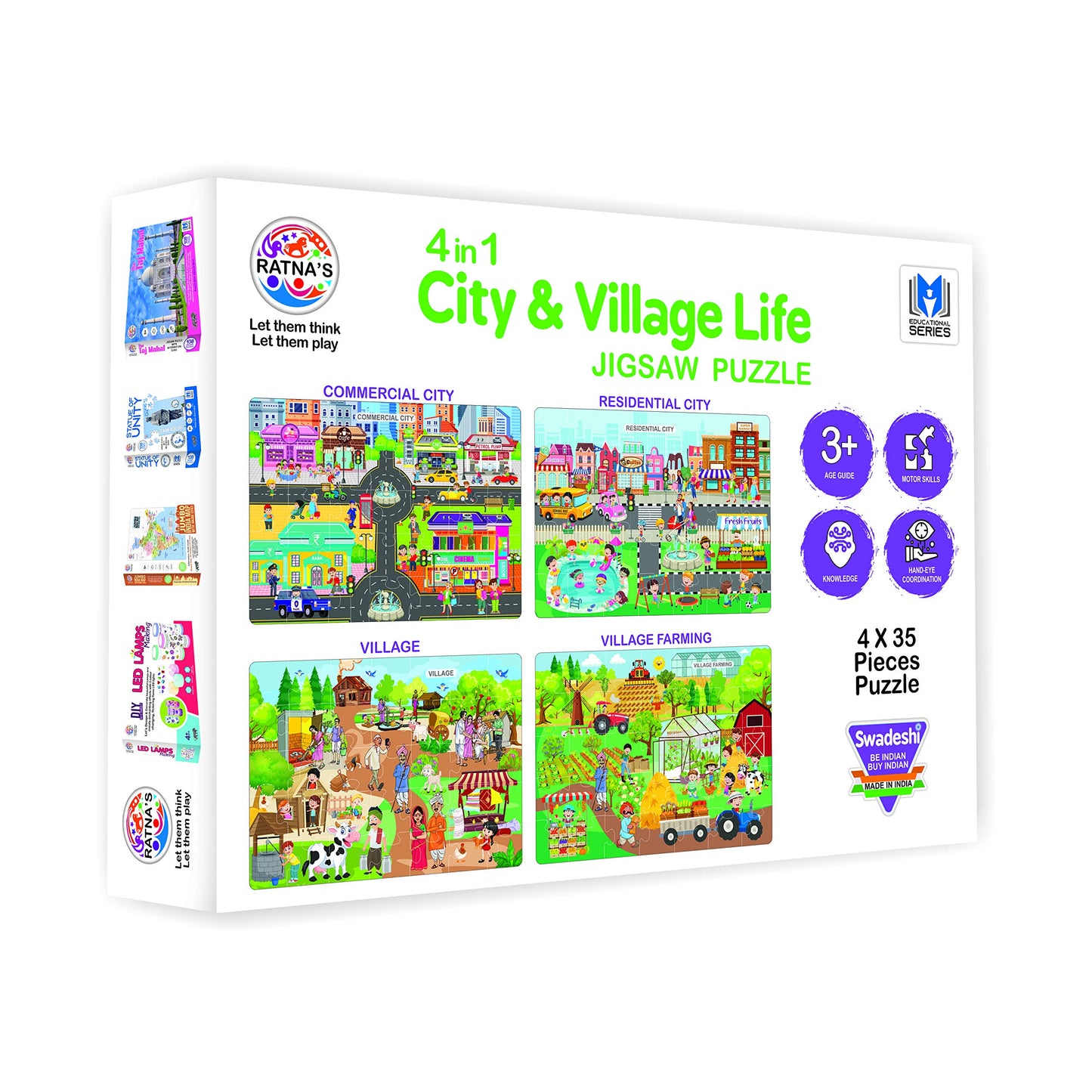 Ratna's 4 in 1 City & Village Life Jigsaw Puzzle for Kids. 4 Jigsaw Puzzles with 35 Pieces Each (Commercial City, Residential City, Village & Village Farming)