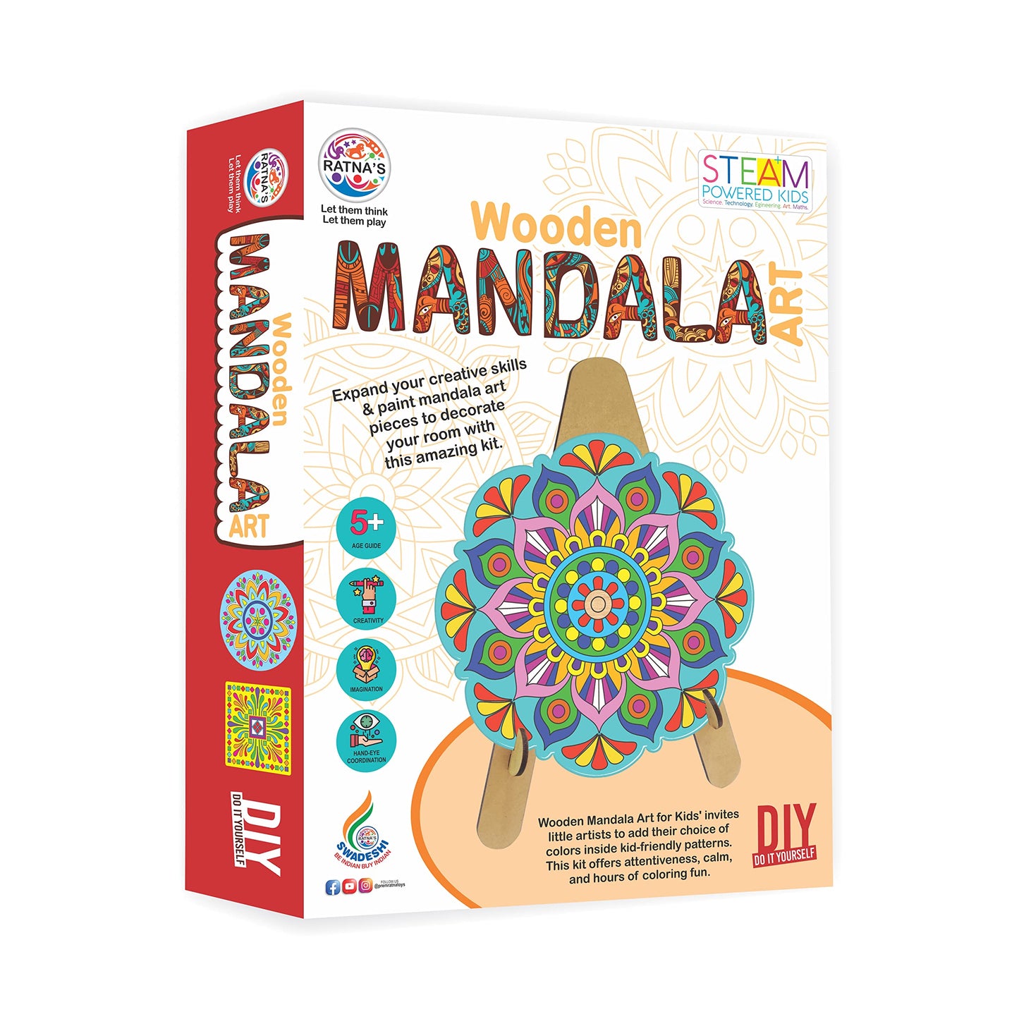 Ratna's Wooden Mandala Art The Coloring Kit with 6 Design MDF Frame & Water Color for Kids