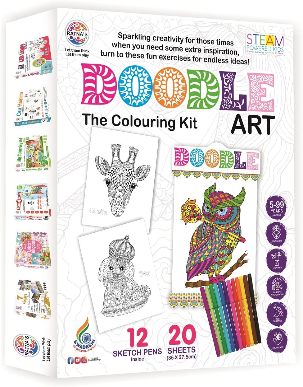 RATNA'S Doodle Art Colouring Kit - 20 Sheets & 12 Sketch Pens