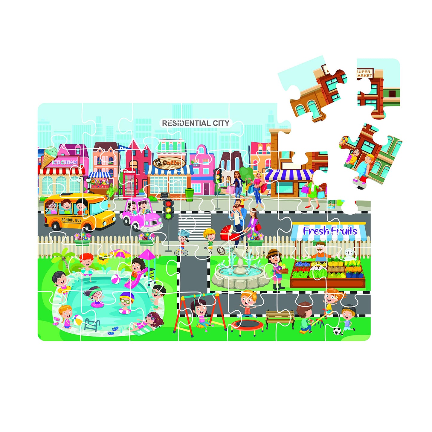 Ratna's 4 in 1 City & Village Life Jigsaw Puzzle for Kids. 4 Jigsaw Puzzles with 35 Pieces Each (Commercial City, Residential City, Village & Village Farming)