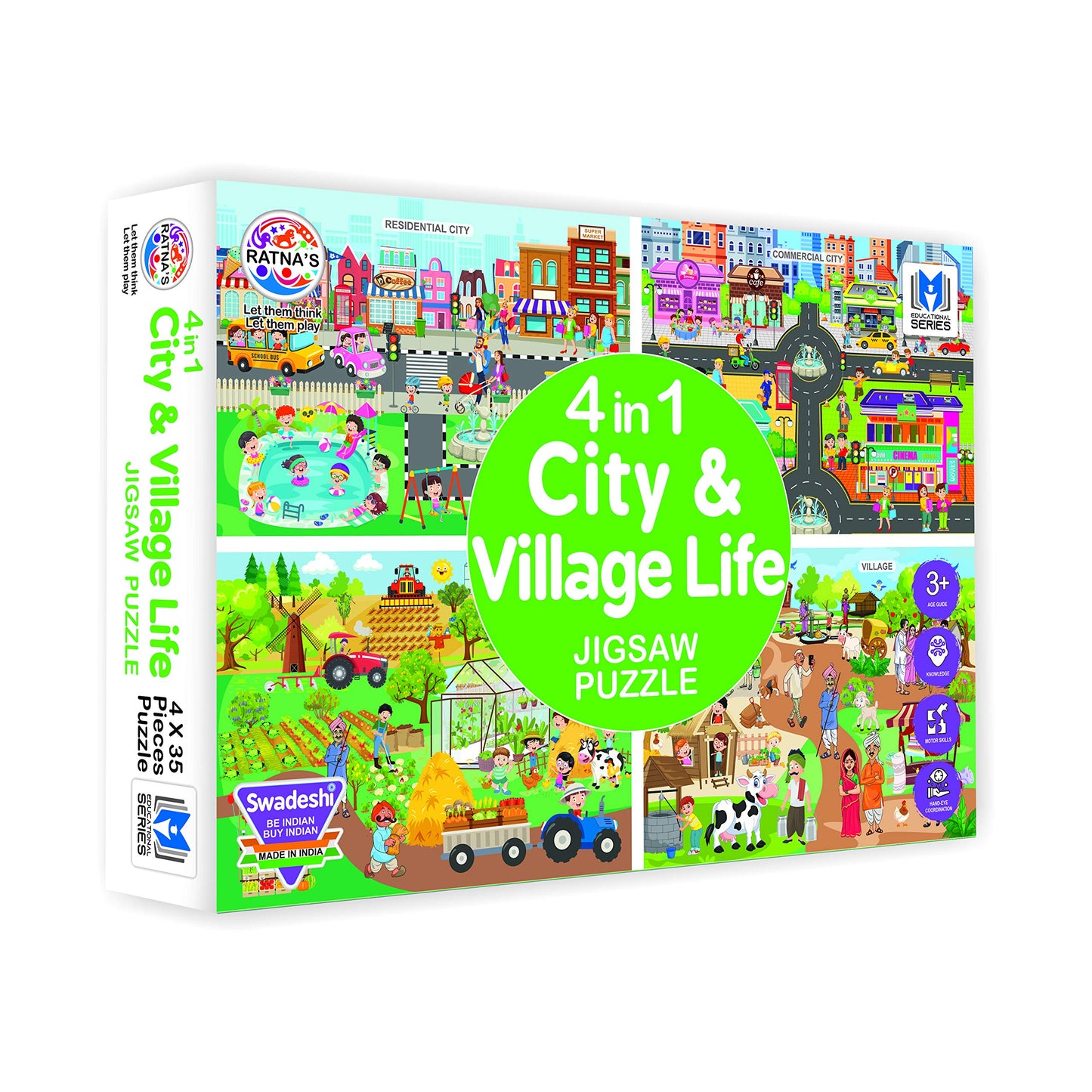 Ratna's 4 in 1 City & Village Life Jigsaw Puzzle for Kids. 4 Jigsaw Puzzles with 35 Pieces Each (Commercial City, Residential City, Village & Village Farming)