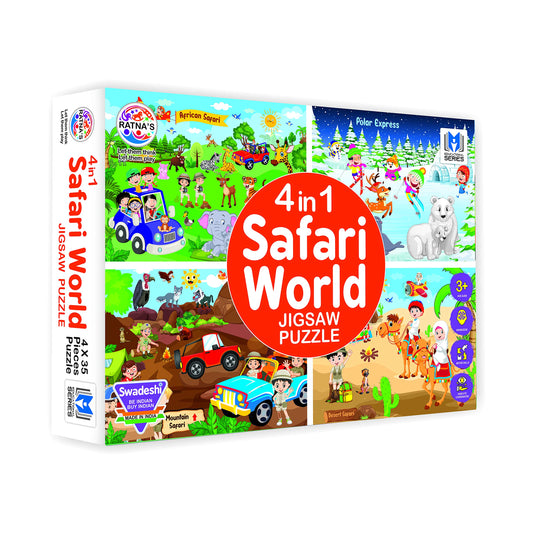 Ratna's 4 in 1 Safari World Jigsaw Puzzle for Kids. 4 Puzzles with 35 Pieces Each (African Safari, Polar Express, Mountain Safari & Desert Safari)