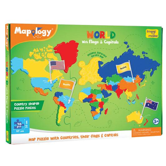 Imagimake Mapology World Flags & Capitals Jigsaw Puzzle |75 Multi-Colored Country-Shaped Pieces | Birthday Gift for Boys and Girls| Educational Toys for Kids 5 Years | World Map Puzzle