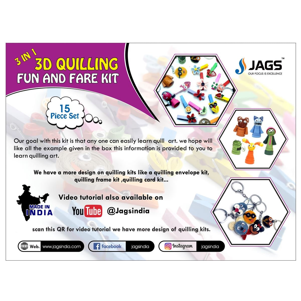 Jags 3D Quilling Fun And Fare Kit Quilling Strips Needle Dome Shiner Keychain Pins Glue And More