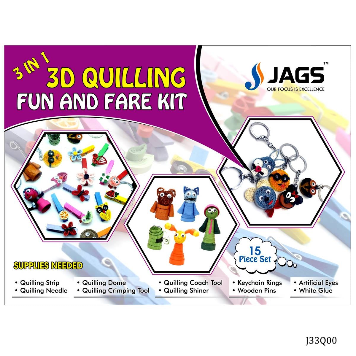 Jags 3D Quilling Fun And Fare Kit Quilling Strips Needle Dome Shiner Keychain Pins Glue And More