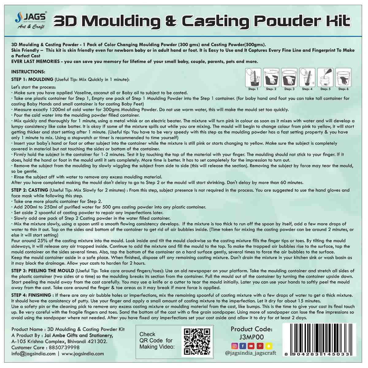 Jags 3D Moulding & Casting Powder Kit 800 Grams For Baby Hands