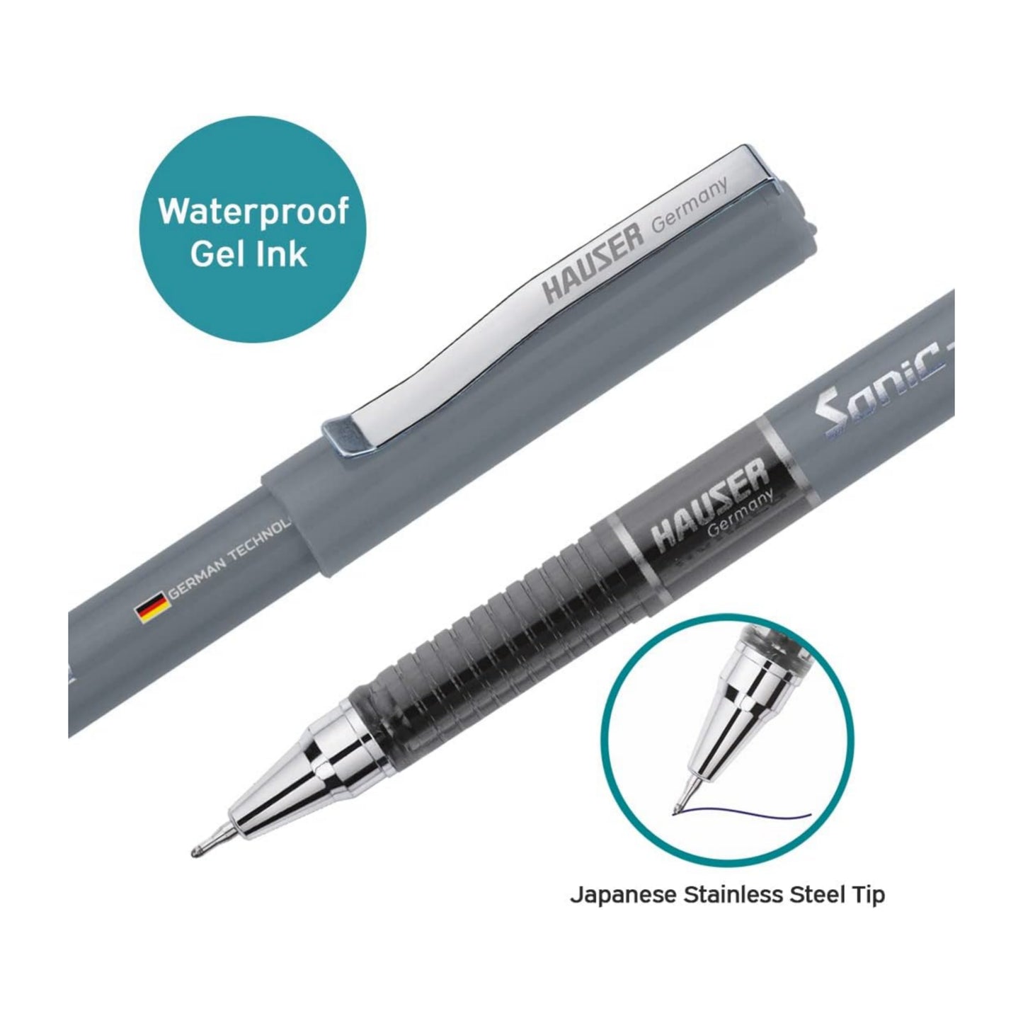 Hauser Sonic 0.55mm Gel Pen Box Pack | Attractive Foiled Body | Stylish Metal Clip | Refillable & Waterproof Gel Ink | German Technology For Smooth & Effortless Writing | Black Ink Set of 10 Gel Pens