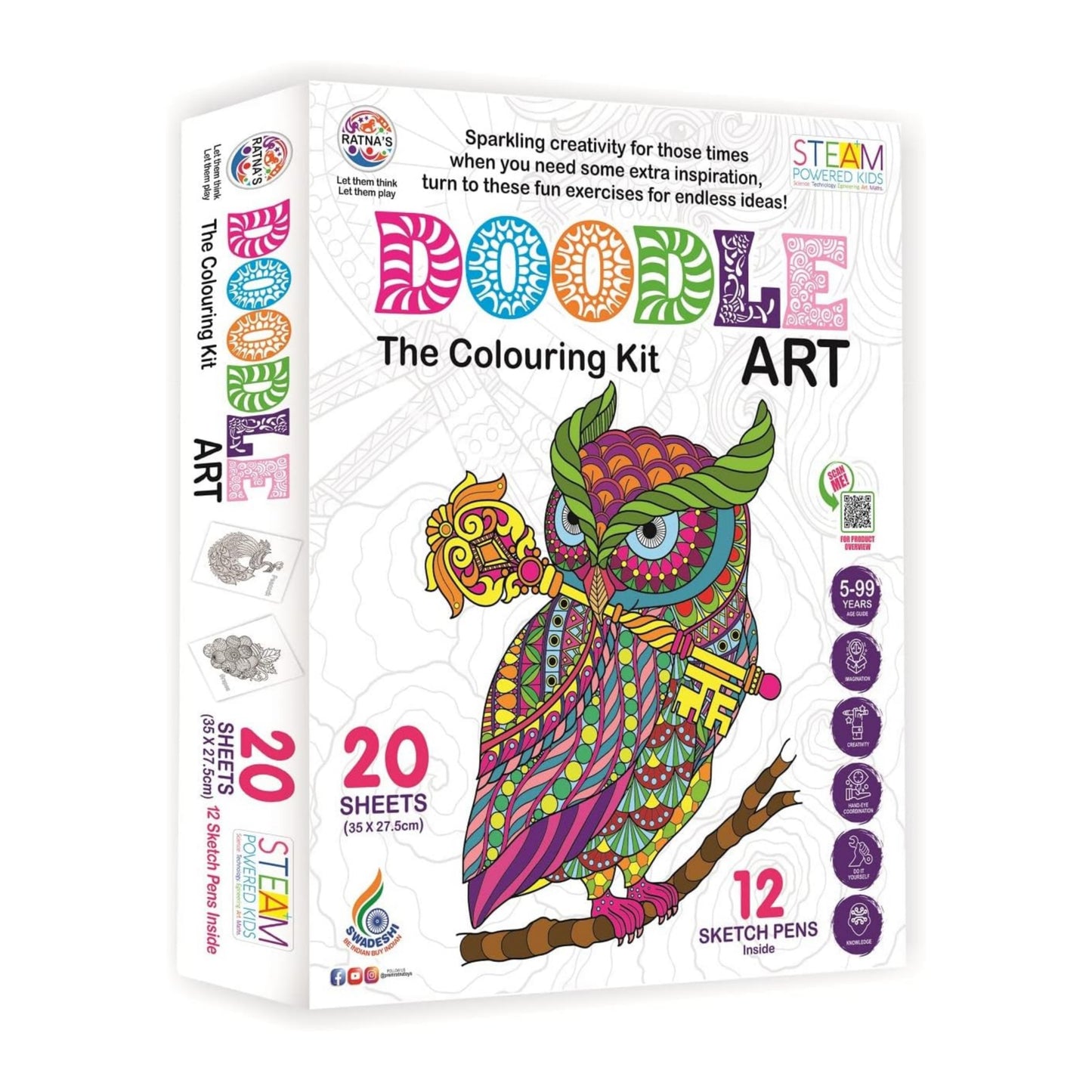 RATNA'S Doodle Art Colouring Kit - 20 Sheets & 12 Sketch Pens