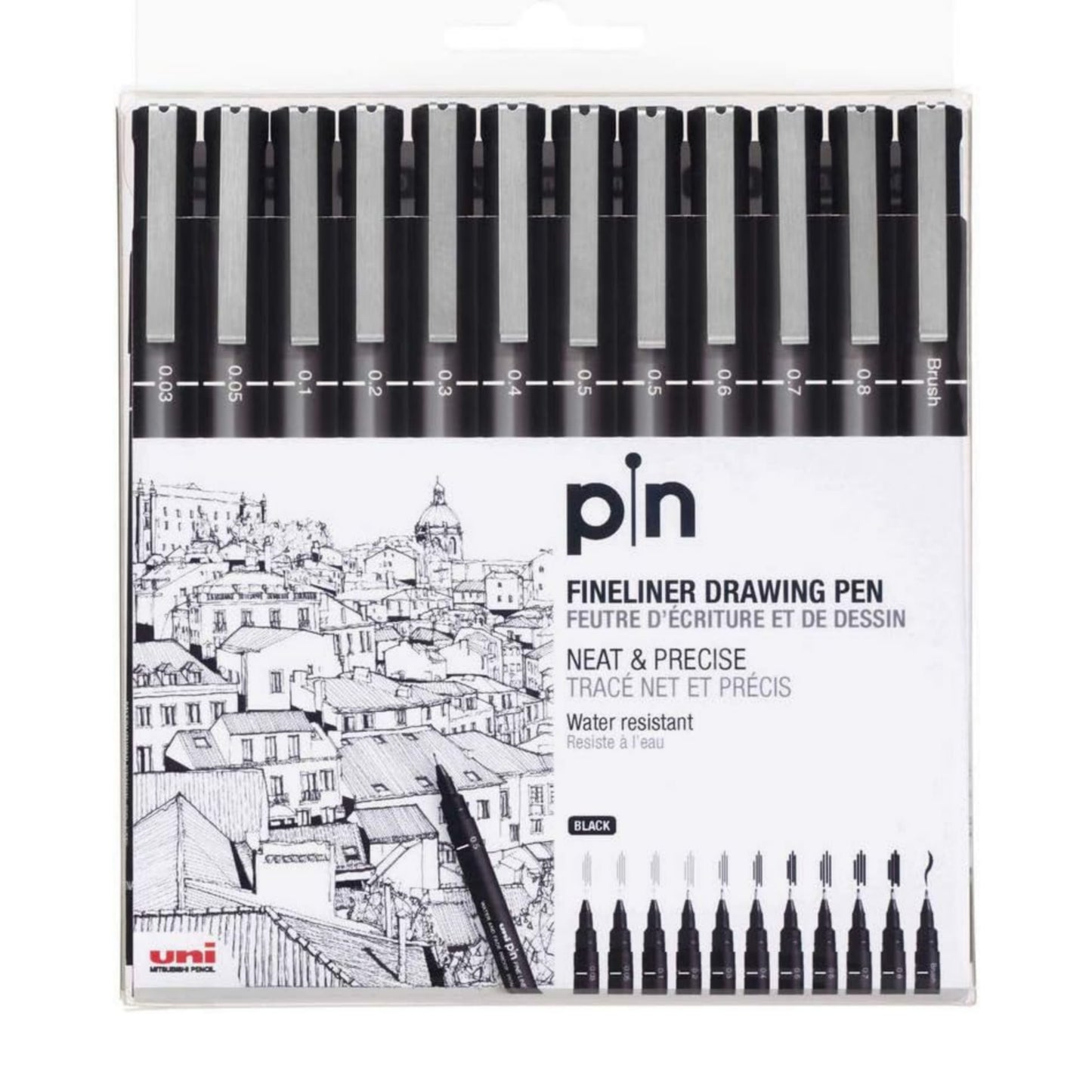Uniball PIN 200 Fineliner Drawing Pen Set of 12 - 0.03mm to 0.8mm Tips