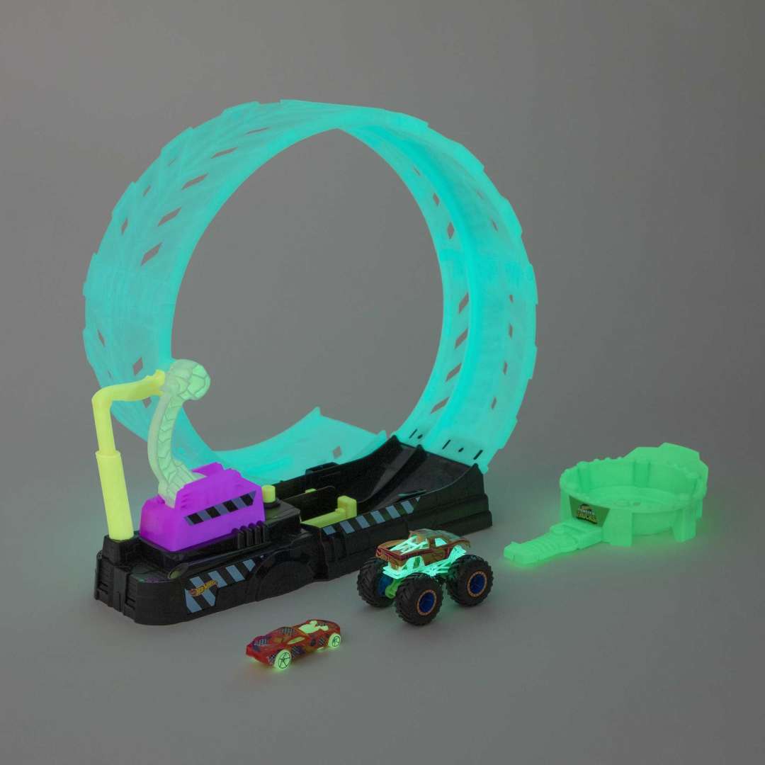 Hot Wheels® Monster Trucks Glow in The Dark Epic Loop Challenge™ Playset with Launcher, Ramp & Giant Loop, Includes 1 1:64 Scale Die-Cast Truck & 1 Car Toy Gift for Kids