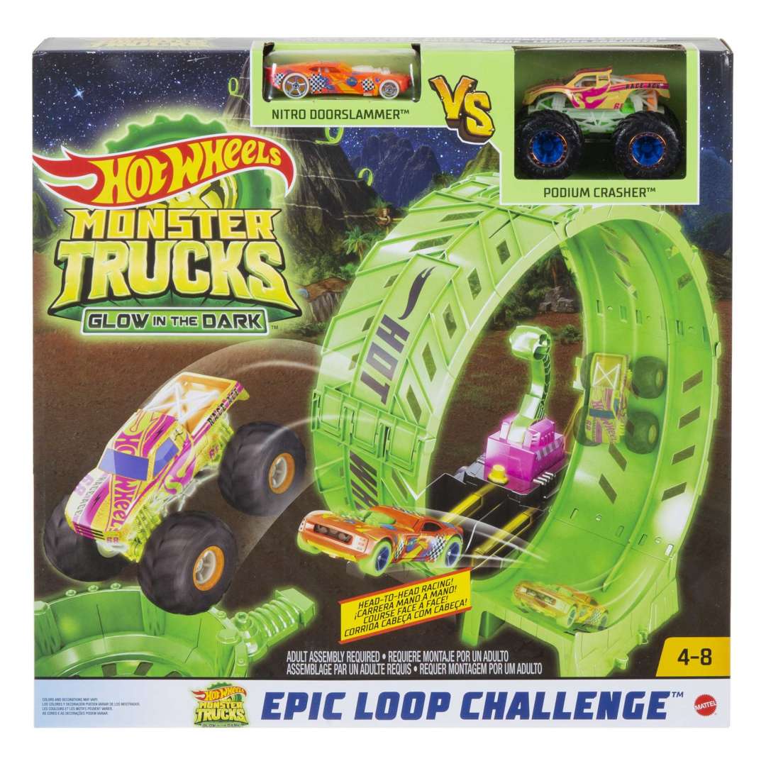 Hot Wheels® Monster Trucks Glow in The Dark Epic Loop Challenge™ Playset with Launcher, Ramp & Giant Loop, Includes 1 1:64 Scale Die-Cast Truck & 1 Car Toy Gift for Kids