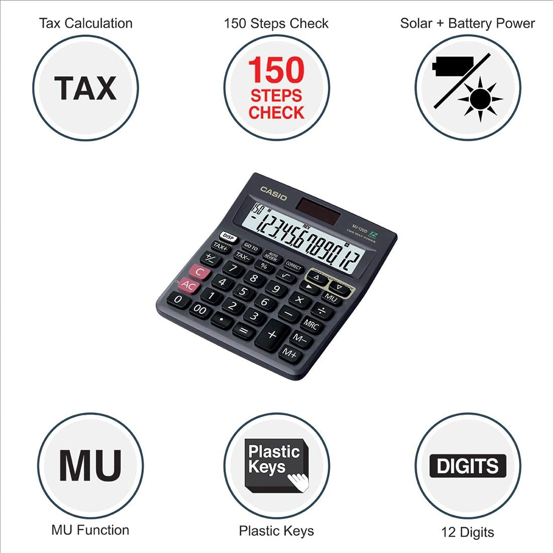 Casio MJ-120D 150 Steps Check and Correct Desktop Calculator with Tax Keys -Black