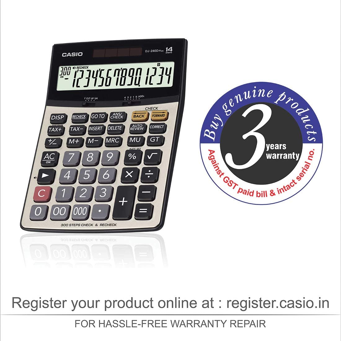 Casio DJ-240D Plus 300 Steps Check and Correct Premium Desktop Calculator with Metallic faceplate & Bigger Screen/Keys (14 Digit)