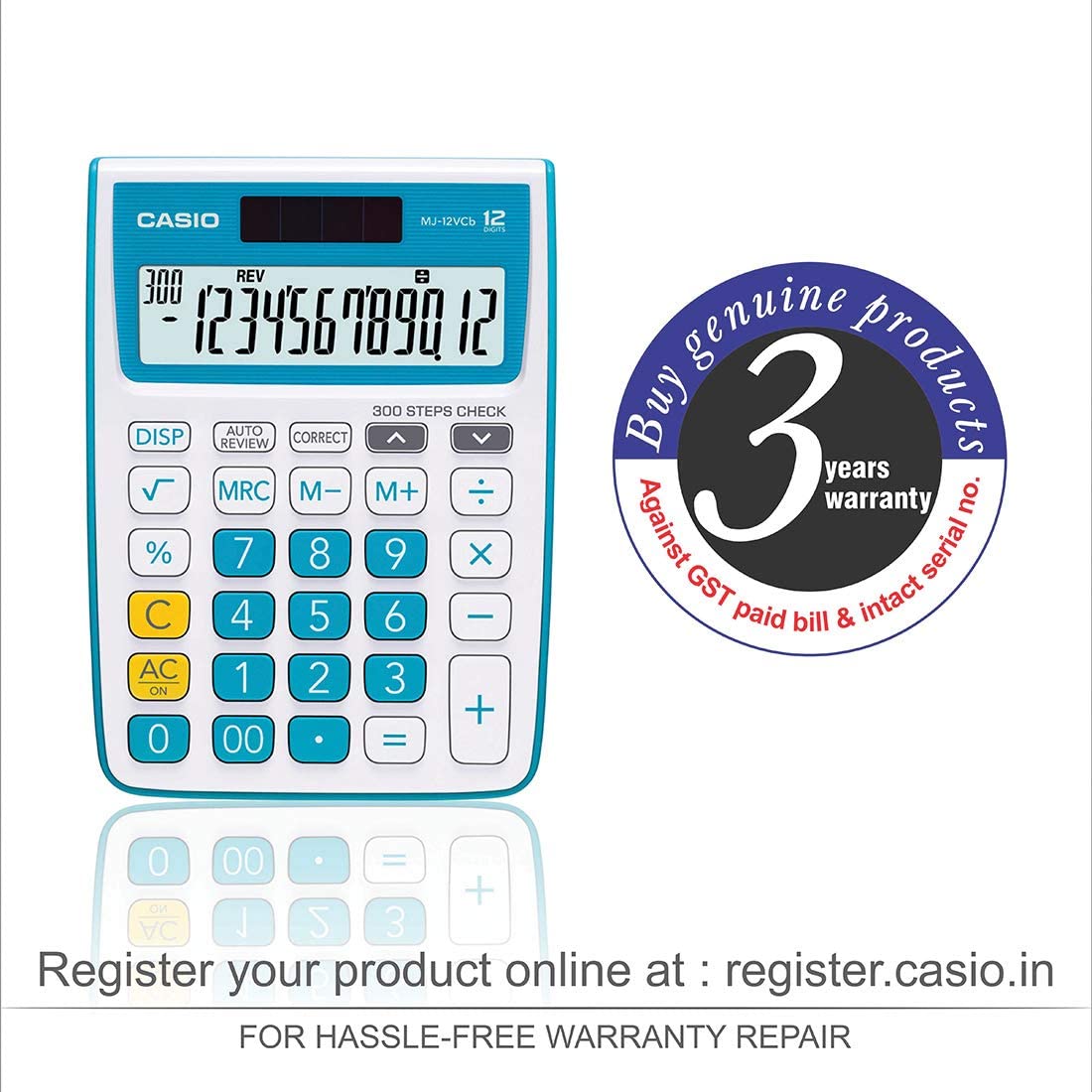 Casio MJ-12VCb-BU 300 Steps Check & Correct Colourful Desktop Calculator - Blue