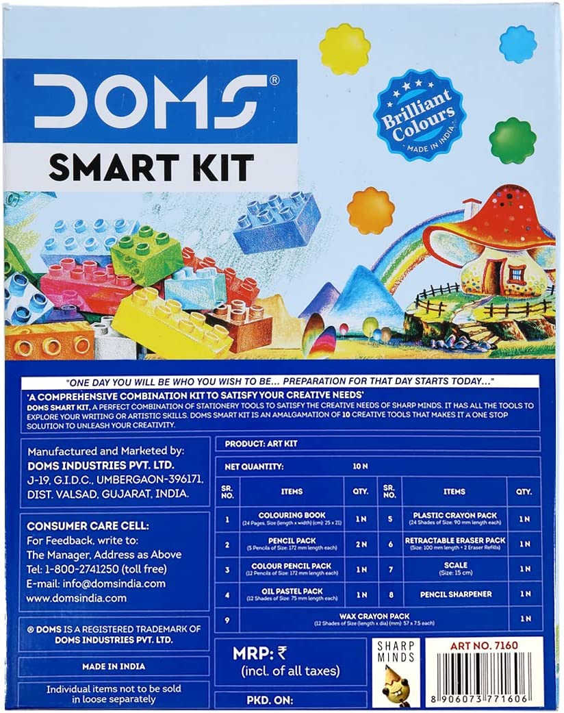 Doms Pencil Smart Kit | Comes With Transparent Zipper Bag | Perfect Value Pack | Kit For School Essentials | Gifting Range For Kids | Combination of 12 Stationery Items