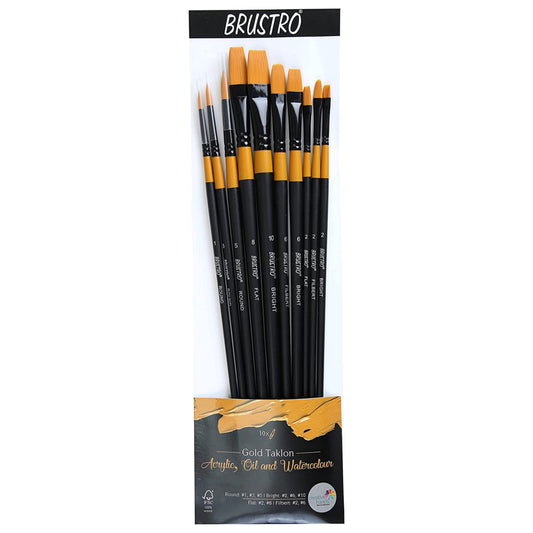 Brustro Artists Gold Taklon Set of 10 Brushes for Acrylics, Oil and Watercolour